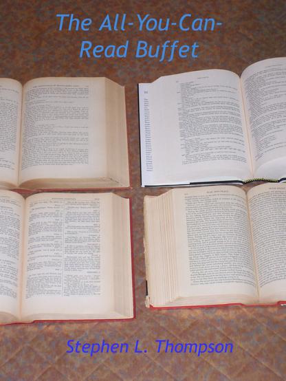 The cover of The All-You-Can-Read Buffet by Stephen L. Thompson. There are four open books on a table, like one might find various dishes at a buffet.