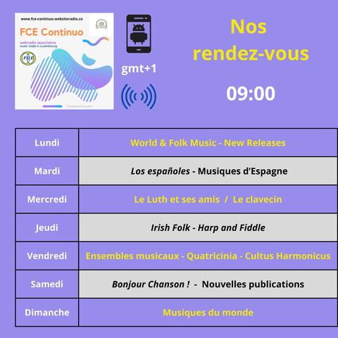 Voici un aperçu sur la programmation actuelle de la webradio FCE Continuo. Merci de télécharger l'application mobile pour une écoute facile!