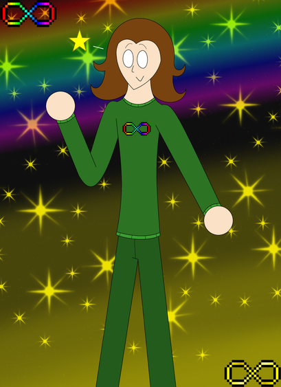 Fanart of Autie-Biographical's character, Honeydew, who looks happy. They are wearing a green long-sleeve shirt (rainbow infinity symbol printed on it) and pants. While the background has a couple yellow sparkles scattered everywhere, the upper-half has a rainbow tint/gradient + a rainbow infinity symbol (ActuallyAutistic) while the lower half has a yellow gradient + a golden infinity symbol (Light It Up Gold).