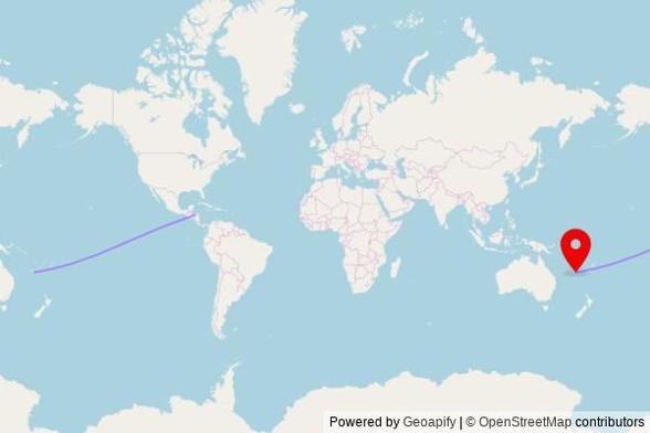 A map showing the great circle route from Tocoa in Honduras to a map pin at Chapelle Saint Joseph, Route de la Katiramona, 98890 Païta, France