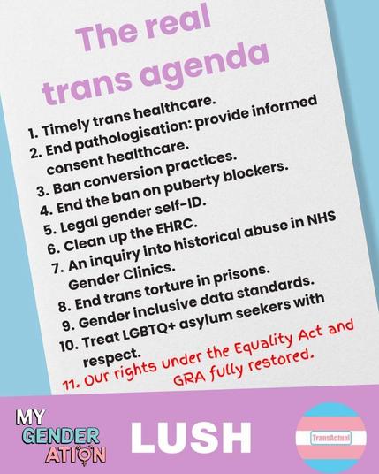1. trans health. 2. Informed consent. 3. Ban conversion therapy. 4. End the blocker ban. 5. gender self-ID. 6. Clean up the EHRC. 7. inquiry into historical abuse. 8. End trans torture in prisons. 9. inclusive data standards. 10. Treat LGBTQ+ asylum seekers with respect. 11. Protect the Equality Act