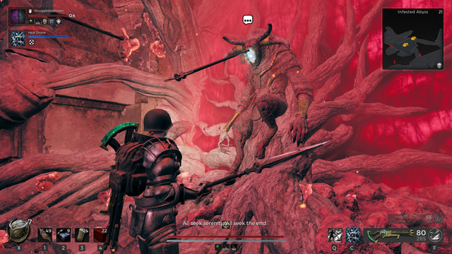 Screenshot from Remnant 2. A room filled with red mist, meaty plant stuff, and a statue guy with a weird head. Someone who shall remain unnamed may have thrown a spear directly in to his face, and it is stuck there.