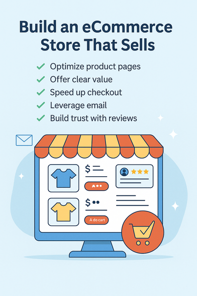 A clean flat-style illustration showing an optimized eCommerce storefront, with product listings, reviews, and fast checkout elements designed to boost conversion.