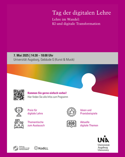 Poster für den Tag der digitalen Lehre der Uni Augsburg am 7.5. von 14:30-18 Uhr in Gebäude G (Kunst & Musik)
