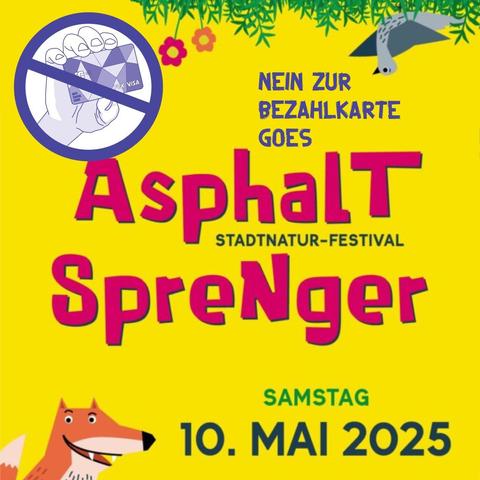 Auf gelben Hintergrund neben einem cuten Fuchs und unter einer herabhängenden süßen Fledermaus steht: Nein zur Bezahlkarte goes Asphaltsptenger, Stadtnatur-Festival, Samstag 10. Mai 2025.