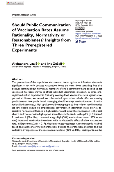 A digital scan of the first page of a journal article titled “Should Public Communication of Vaccination Rates Assume Rationality, Normativity or Reasonableness? Insights from Three Preregistered Experiments.” The title is in bold black text. Authors are Aleksandra Lazić and Iris Žeželj, affiliated with the University of Belgrade – Faculty of Philosophy. The article is published in Psychological Reports (2025, Vol. 0(0), pages 1–26). A Creative Commons license and DOI link are included. 