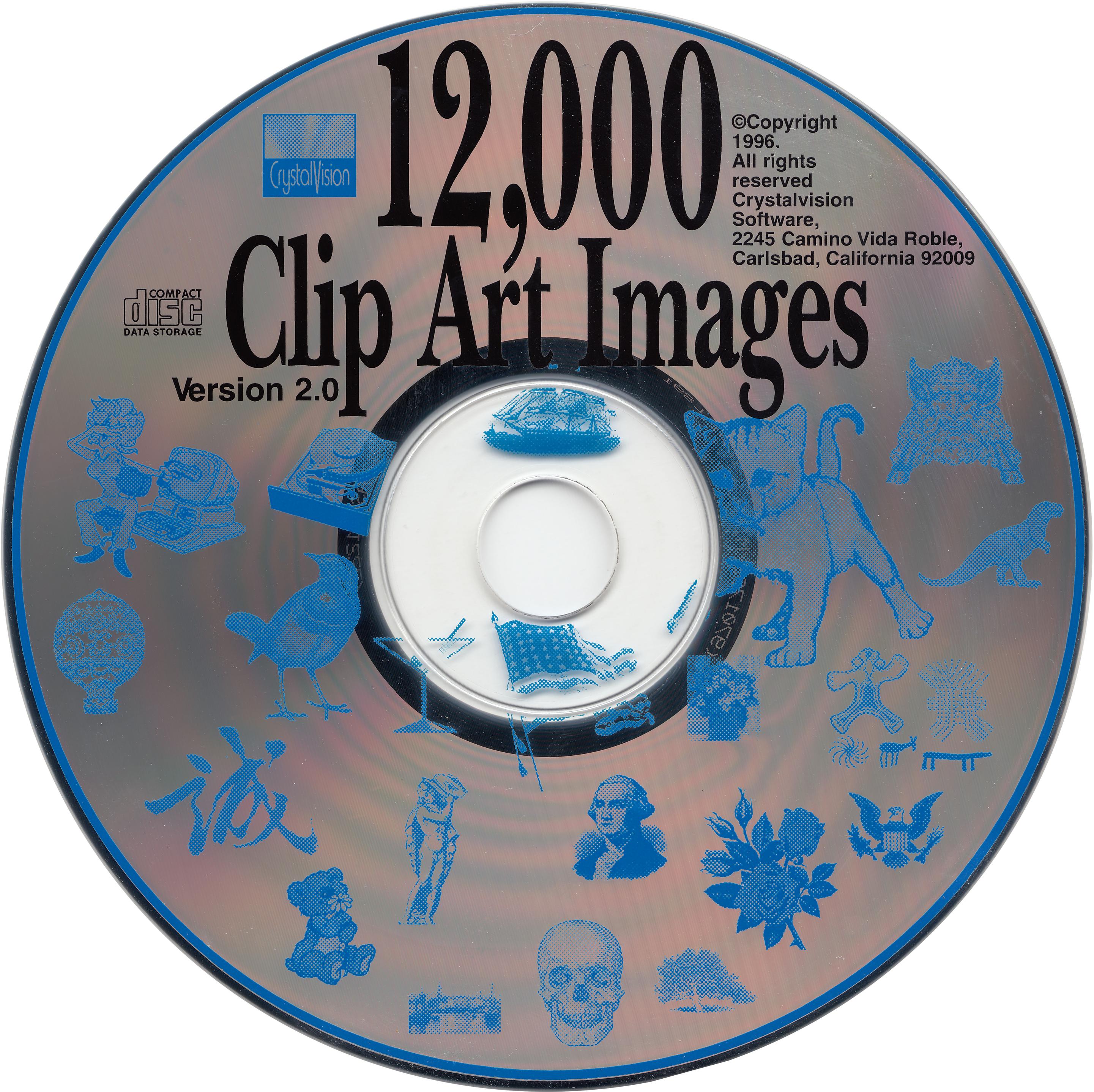 some of the aforementioned clip art images are displayed on the cd in a see through blue: a skull, a teddy bear, a kitty, an american flag, roses, a bird, etc, etc. title text is displayed at the top of the disc in bold black text. version 2.0