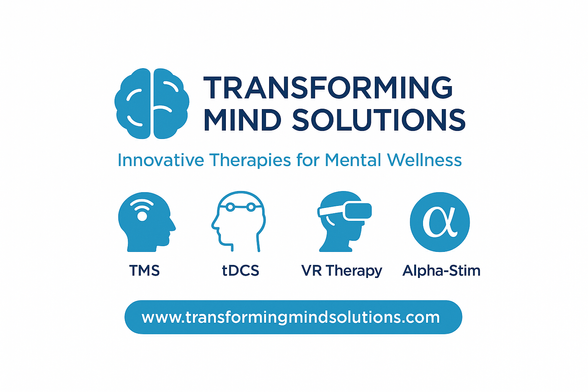Transforming Mind Solutions logo with the tagline 'Innovative Therapies for Mental Wellness' displayed above icons representing TMS, tDCS, VR Therapy, and Alpha-Stim. The website www.transformingmindsolutions.com appears at the bottom in a blue rounded box.