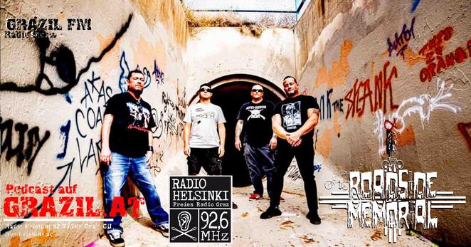 Bandfoto von Roadside Memorial in einem Kanal mit Grafittis. Dazu die WebURL www.grazil.at und das Radio Helsinki Logo