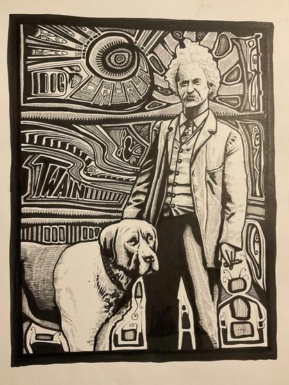 A drawing of the American author Mark Twain and his faithdful dog.