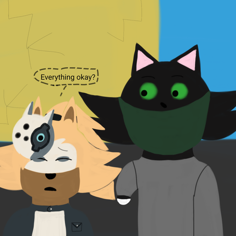 Drawing of Whisper looking worried while having her eyes closed and whispers "Everything okay?" and Jupiter looks at her with a neutral expression