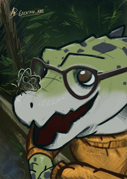 Digital drawing of an anthropomorphic crocodile looking in amazement at a butterfly that's landed on their snout. The crocodile sports brown glasses and a yellow-mustard sweater and is leaning against a metal bar in a nature-looking enviroment. The artstyle is pencil/sketchy cute looking.