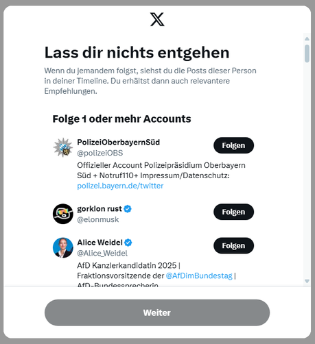 Screenshot aus dem Onboarding-Prozess von X