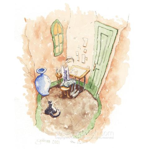  In this watercolor painting titled “Infinite Potential Timing Out” an artist is working at a drawing table in a small austere room.