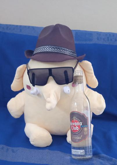 A Mastodon plushie with hat and glasses on and a Havana Club bottle of rum by his side.