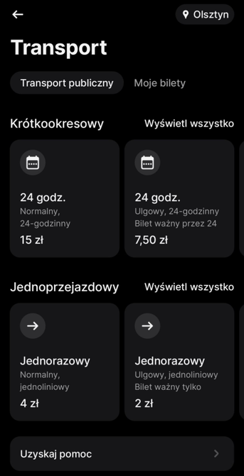 Aplikacja Revolut. Oferta biletów komunikacji miejskiej w Olsztynie.