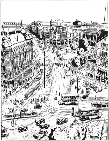 Black and white comic panel: General shot from above of a city at the end of the 1920s. Large avenues converging in a sort of large square, monumental buildings, trams, pedestrians and some cars.