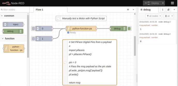 Node-RED test logic to control a motor