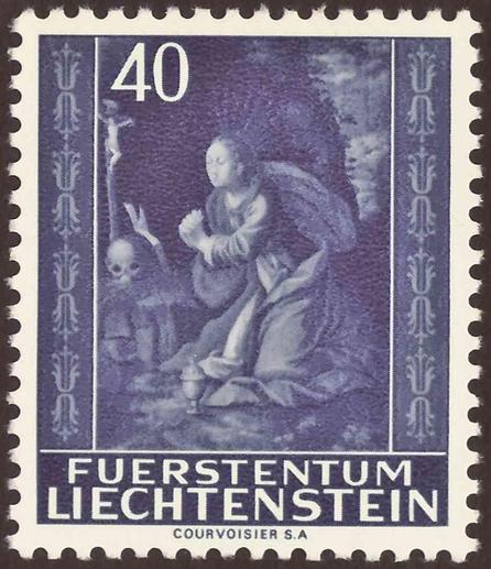 Stamp of the Principality of Liechtenstein; 1964; commemorative stamp of the issue "Christmas 1964"; central motive of the stamp with a monochromized detail from the painting of an unknown artist showing the Santa Magdalena (Mary Magdalene) (indicated by the skull and the chalice) (altarpiece located in a church of Liechtenstein); painting in the style of the renaissance; mint stamp