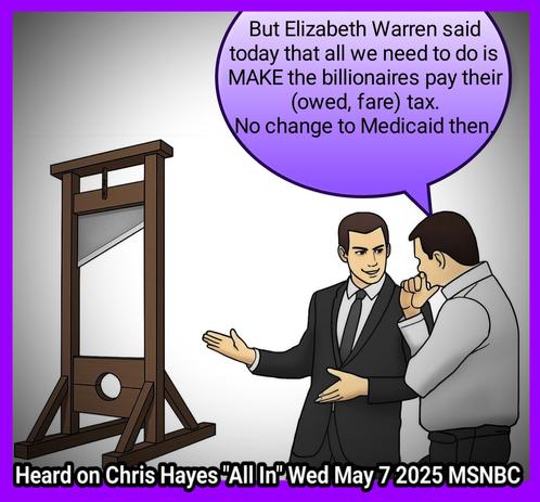 But Elizabeth Warren said today that all we need to do is MAKE the billionaires pay their (owed, fare) tax.

No change to Medicaid then.