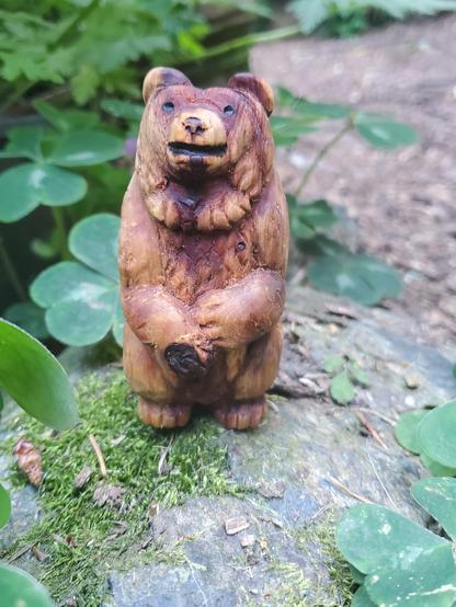 a small bear carved from a piece of redwood, poised on a rock surrounded by woodsorrel