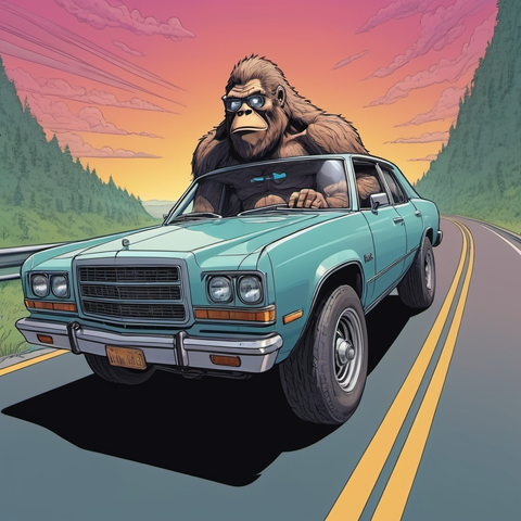 Model: OpenArt SDXL
(psychedelic colors, graphic novel book illustration), hard vector, thick line, ultra-detailed) bigfoot driving a car down the highway , wearing thick frame glasses, and a dress shirt and tie