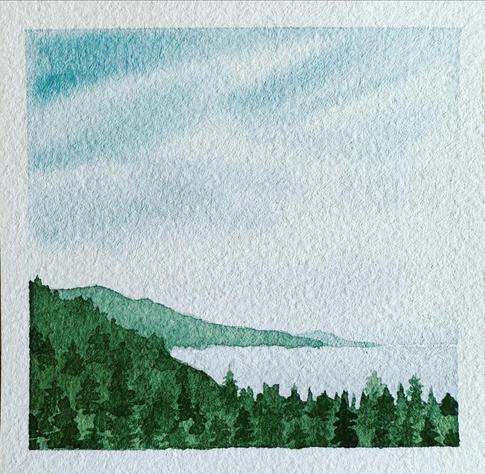A small watercolor painting depicts a wispy cloudy sky, trees and mountains, and a vague blue sea.