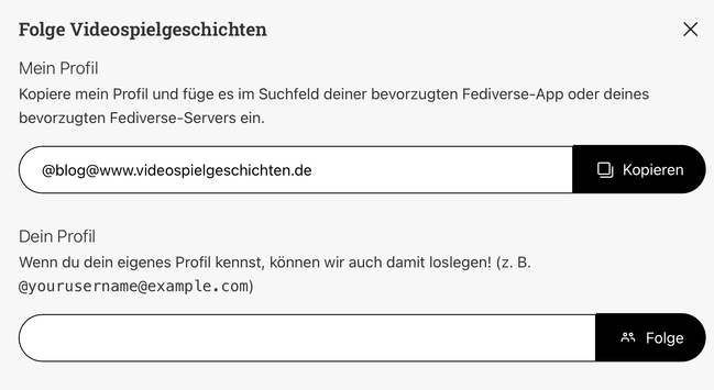 Screenshot der Seite Videospielgeschichten mit Hinweisen, wie man dem Blog im Fediverse direkt folgen kann.