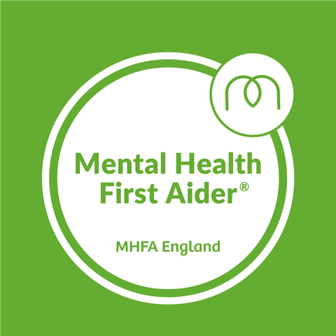 The text "Mental Health First Aider" and the MHFA England logo on a green background.