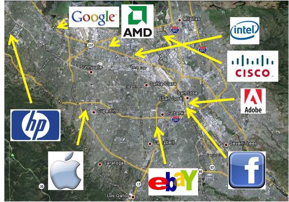 Eine Karte mit den Standorten der Tech-Firmen im Silicon Valley (Samykolon/Wikimedia, CC BY-SA 3.0).