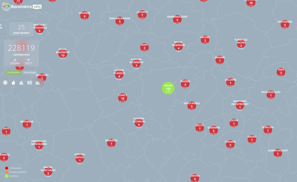 Capture de la carte montrant le nombre de contributions important à Douai et faible autour