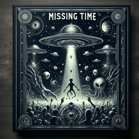 Cover in back and white relating missing time by aliens