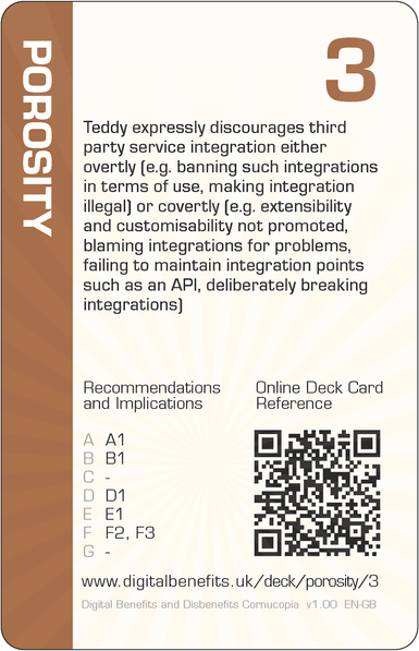 Image of the DBD Cornucopia Three of Porosity card with text 'Teddy expressly discourages third party service integration either overtly (e.g. banning such integrations in terms of use, making integration illegal) or covertly (e.g. extensibility and customisability not promoted, blaming integrations for problems, failing to maintain integration points such as an API, deliberately breaking integrations)'