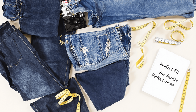 Flat lay of assorted jeans styles with stretchy fabrics, a measuring tape, and a notebook titled "Perfect Fit for Petite Curves" on a light background.