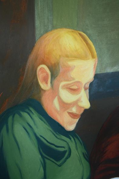 détail d'une peinture en cours, une jeune femme de trois-quart, le visage illuminé par une source hors du champ de vision