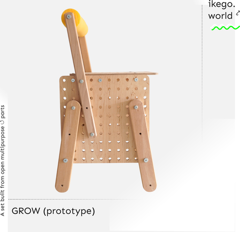 A picture of a chair that is built from open multipurpose parts and can be reassembled to many chairs with different sizes. 
