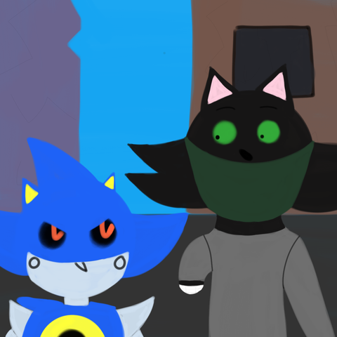 Drawing of Metal Sonic looking at Jupiter and Jupiter looks at Metal Sonic scared
