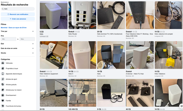 Capture d'écran d'annonces d'équipement à vendre à prix dérisoire ou à donner sur Facebook Marketplace