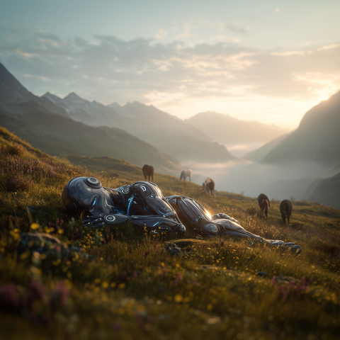 Midjourney Prompt: A sleeping crystalline robot with bioluminescent veins, curled in fetal position on a hillside alpine meadow, golden sunshine pouring through mountain peaks, wild horses grazing peacefully nearby, morning mist rising, hyperrealistic photography, cinematic lighting, dreamlike atmosphere, detailed textures, depth of field, V ray rendering --v 7