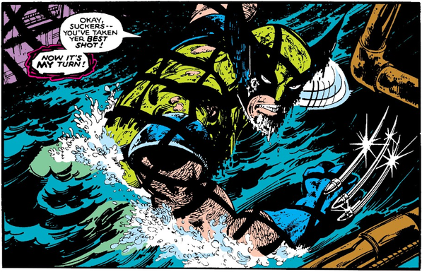 Comic panel in colour: A man with his face covered by a mask (part of a yellow and blue superhero costume) and three metal claws on his knuckles (the Marvel comics character Wolverine) emerges from a sewer with an expression of rage and revenge, crossed by shadow lines in a grid pattern. The speech balloon reads: "Okay, suckers-- you've taken yer best shot! Now it's my turn!".