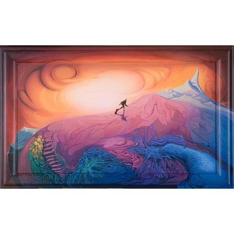 My acrylic painting titled “Wait for Me...Call Me...I’ll Call You...” has a small silhouetted figure running toward a distant point in a swirling turbulent and tortured sunset landscape. 
