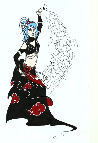 Ilustracion en tinta, rotuladores de alcohol, y papel. Konan del manga y anime Naruto en versión bailarina de estilo FCBD
