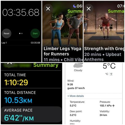 Grid of iOS screenshots:
1) Timer app showing 03:35.68.

2) Apple Fitness Limber Legs Yoga for Runners, 11 mins.

3) Apple Fitness Strength with Gregg, 20 mins.

4) Apple Fitness Running Details:
Total Time: 1:10:29.
Total Distance: 10.53 KM.
Average Pace: 6'42"/KM.

5) Environment Canada site showing 5°C, 87% humidity, and 26 KM/H wind, gusting to 37 KM/H.