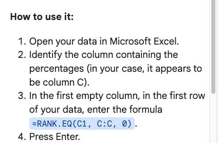 A screenshot showing the answer from Google Gemini when asked to calculate a rank of values suggesting to open the data in Microsoft Excel and use another column that contains no numeric values.