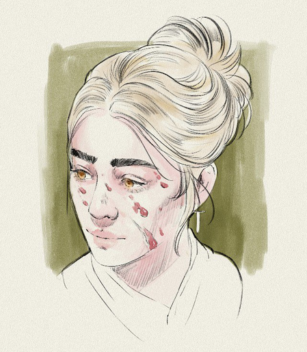 Watercolour painting on beige paper of a young blonde woman's headshot