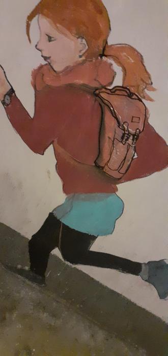 Une peinture d'une jeune fille remontant une traboule de Lyon 