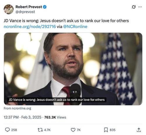 Robert Prevost &
@drprevost

JD Vance is wrong: Jesus doesn't ask us to rank our love for others
ncronline.org/node/292716 via @NCRonline

JD Vance is wrong: Jesus doesn't ask us to rank our love for others
From ncronline.org

12:37 PM • Feb 3, 2025