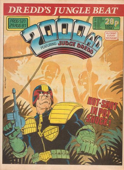 The front cover of 2000AD Prog 537 for 29 August 1987, featuring cover art by Steve Dillon showing Joe Dredd in a scene from the Judge Dredd story Alabammy Blimps.