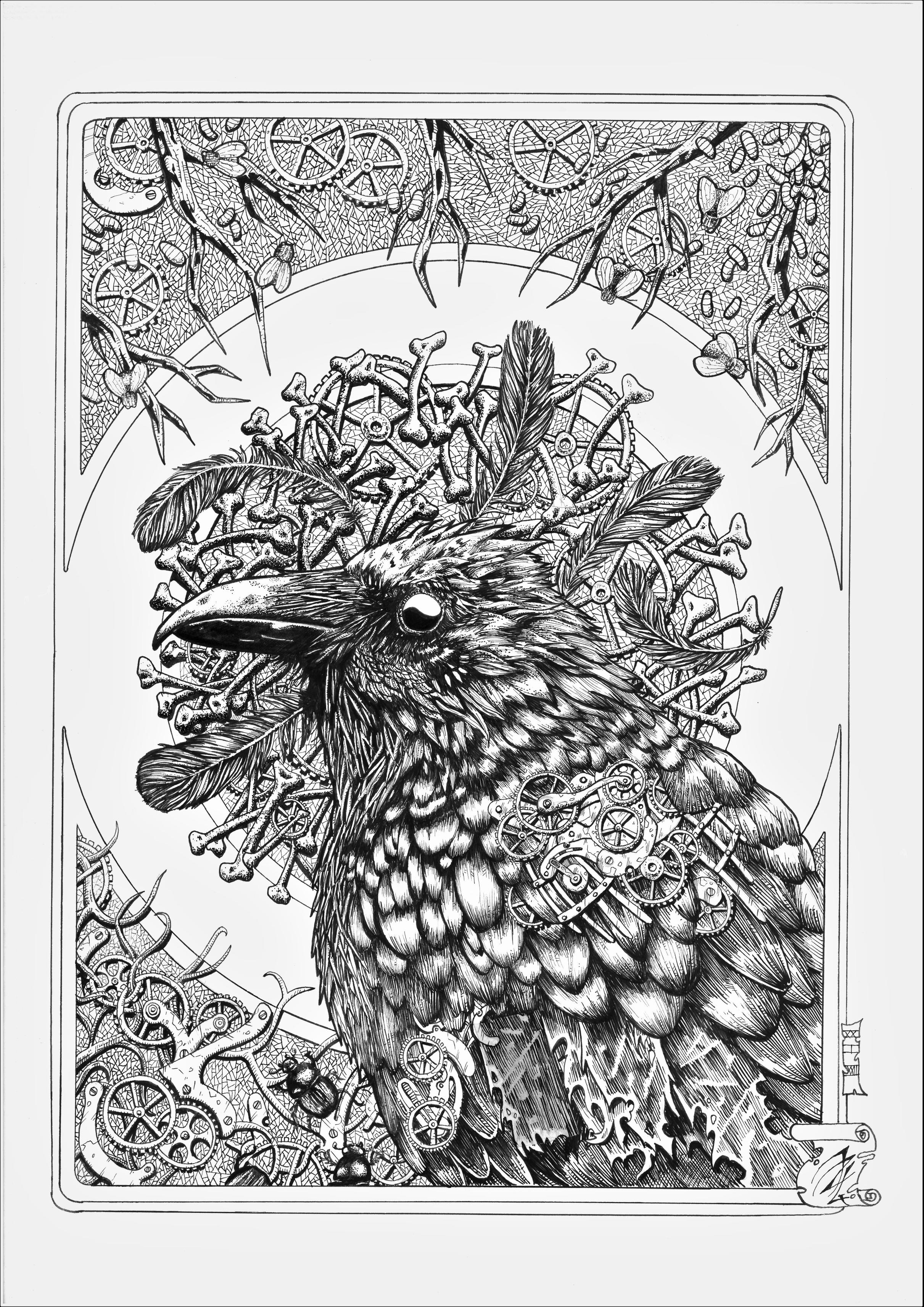 Dessin noir et blanc d'un corbeau de profil. Des mécanismes d'horlogeries ornent ses ailes. Derrière lui au milieu un cercle constitué d'os, de plumes et d'engrenages. En haut et en bas, des racines et branches s'étendent au milieu d'insectes et d'engrenages