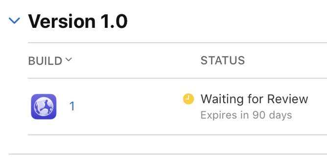 A screenshot of App Store Connect showing the app status. “Waiting for Review” appears on the first line and “Expires in 90 days” is on the second. The app is a macOS client for Mastodon named Oliphaunt.